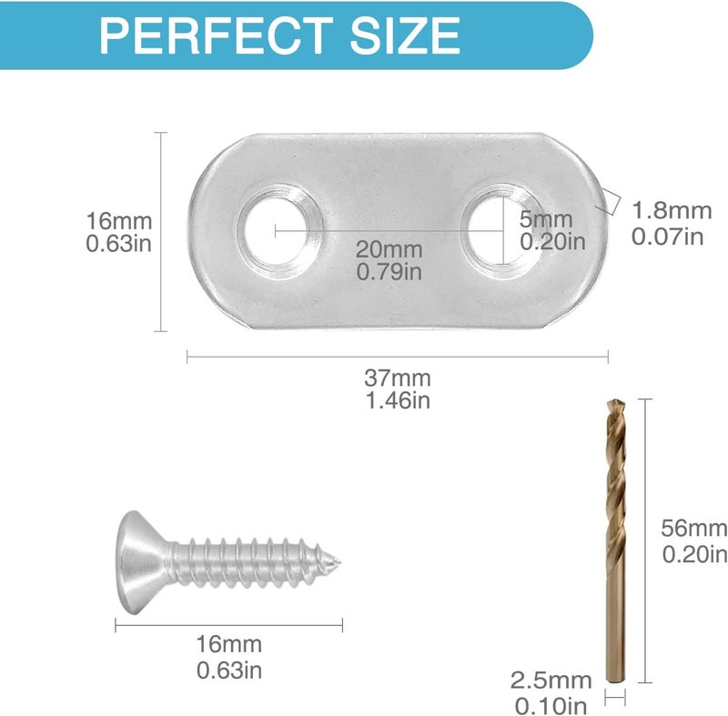 HOUYITOU 21PCS 1.42” x 0.63” Straight Flat Brace, Stainless Steel Sturdy Bracket, Metal Strap for Wood Furniture Chair with 42PCS Screws - Image 2